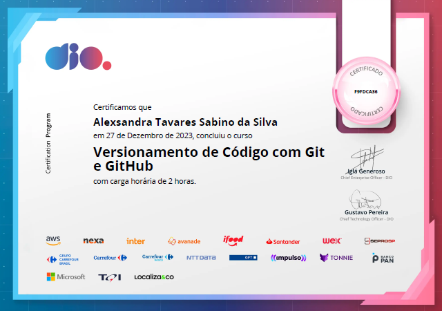 Certificado Versionamento de Código com Git e GitHub - Dio